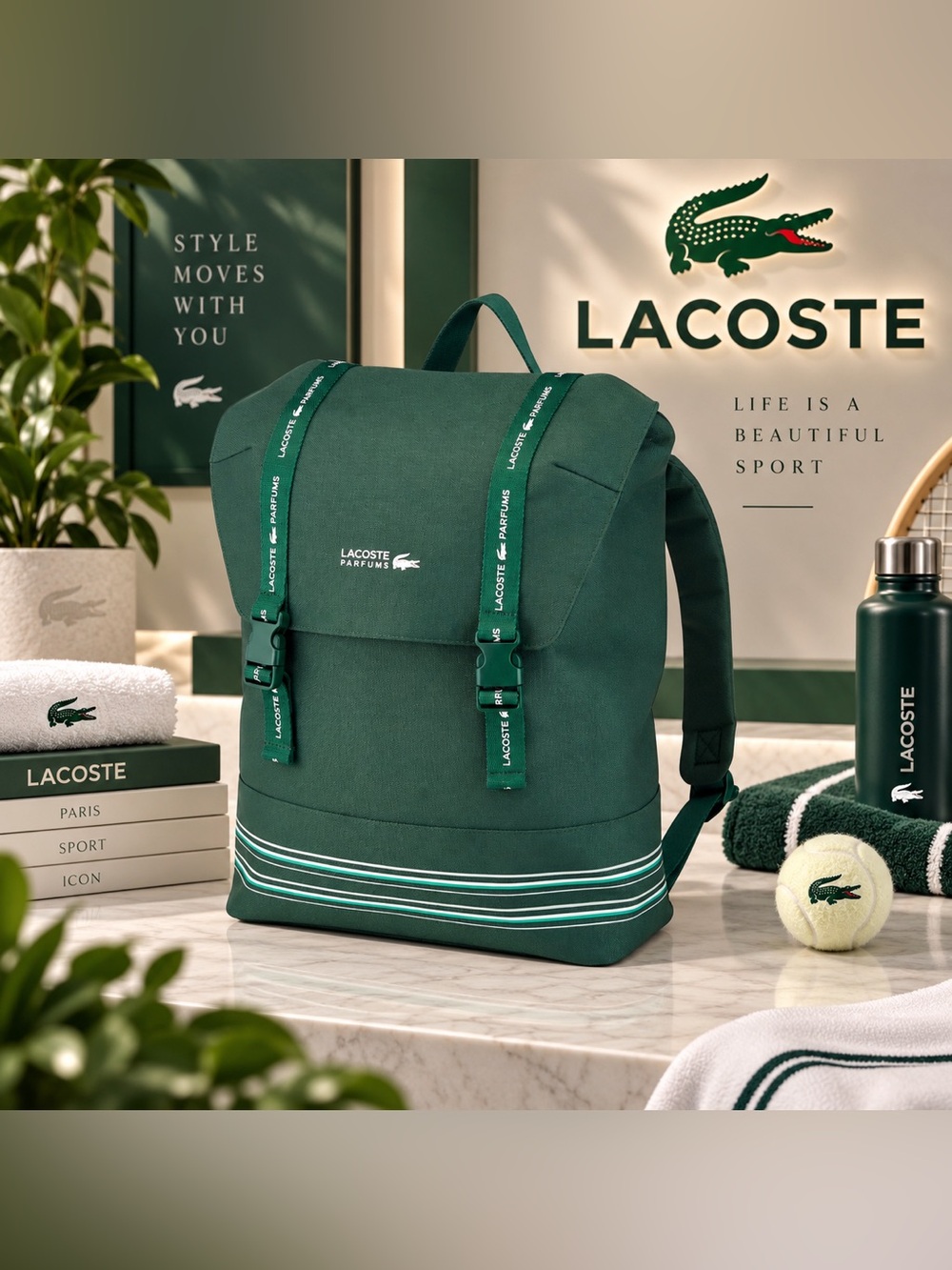 Lacoste Dark Green Canvas Roll-Top Backpack with Stripe Detail